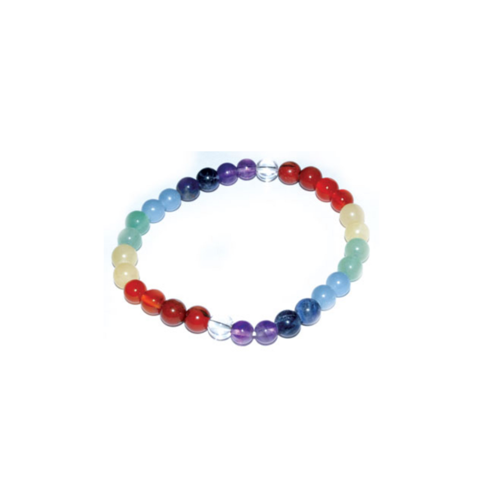 7 Chakras Harmony bracelet featuring seven 6 mm gemstone beads representing each chakra—red jasper, carnelian, citrine, green aventurine, lapis lazuli, amethyst, and clear quartz—strung on elastic for balance and intention.