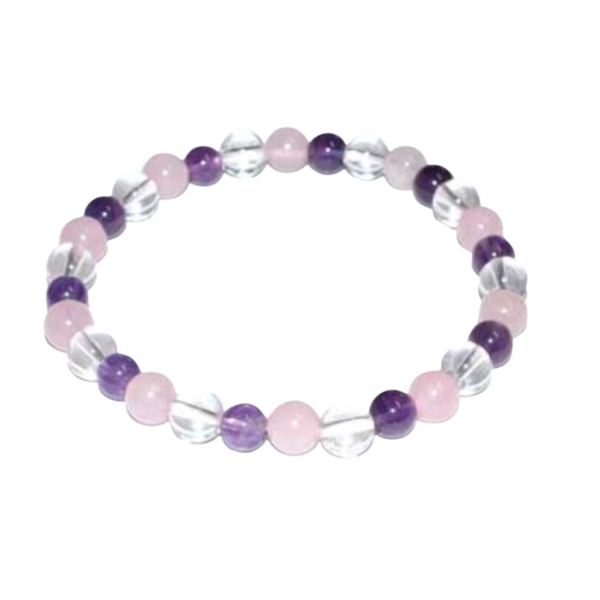 Elevate your energy with this 6mm Amethyst, Rose Quartz & Clear Quartz Bracelet. A trio of high-vibration stones for love, clarity, protection, and peaceful spiritual connection.