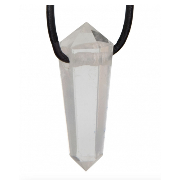 Faceted clear quartz double terminated point pendant on a black cord, symbolizing energy amplification and clarity.