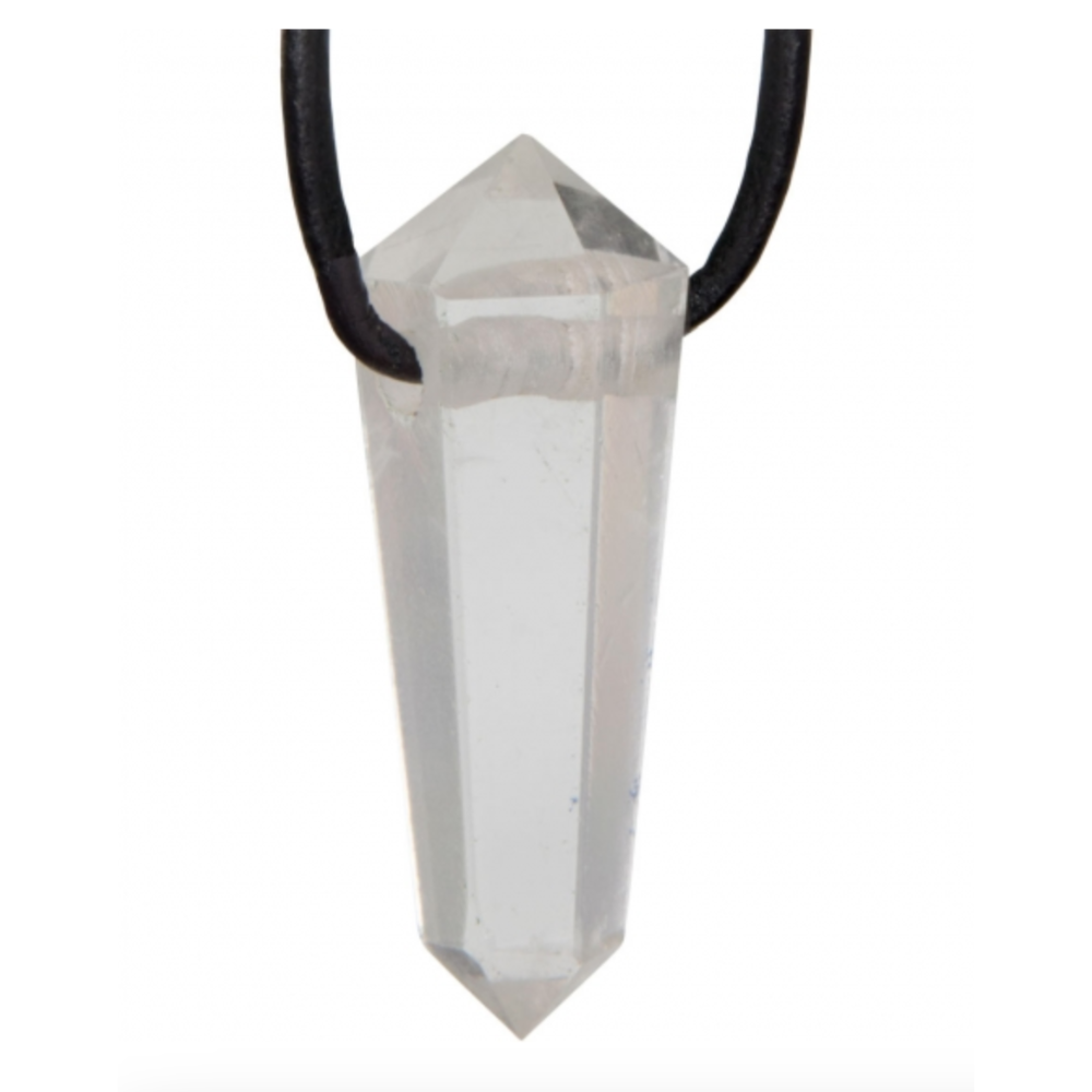 Faceted clear quartz double terminated point pendant on a black cord, symbolizing energy amplification and clarity.