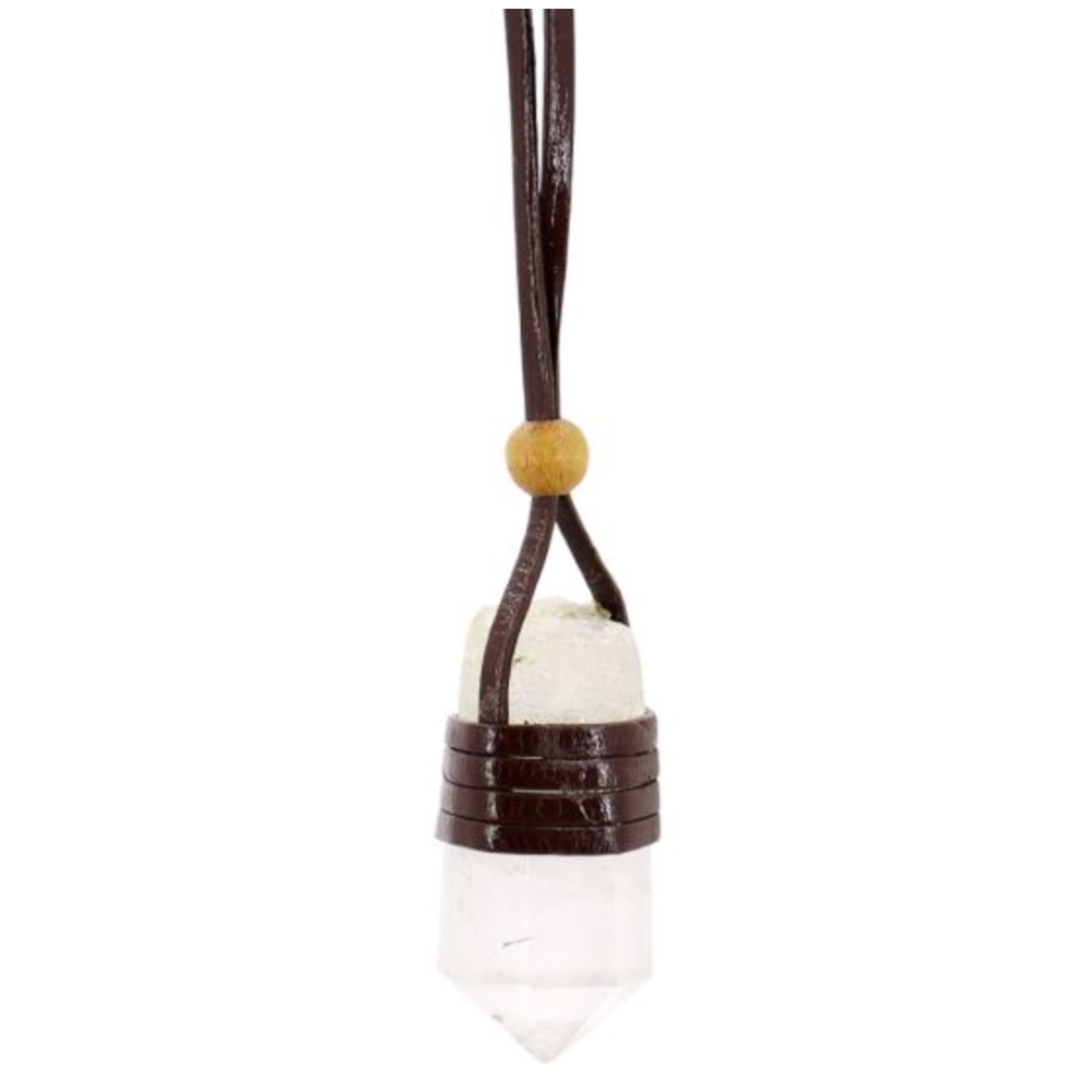 Set of three faceted clear quartz point pendants wrapped in rustic leather, each on a black cord, symbolizing energy amplification and clarity.
