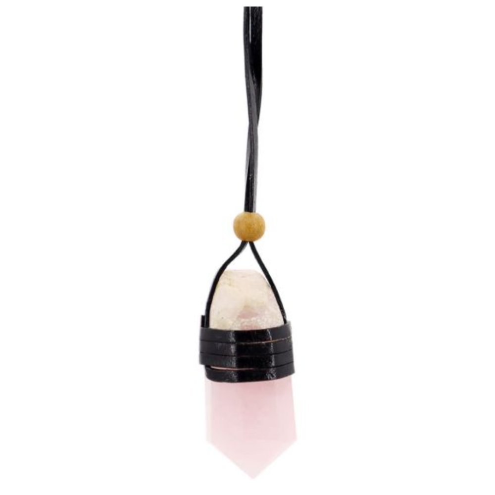 Set of three faceted rose quartz point pendants wrapped in rustic leather, each on a black cord, symbolizing unconditional love and emotional healing.