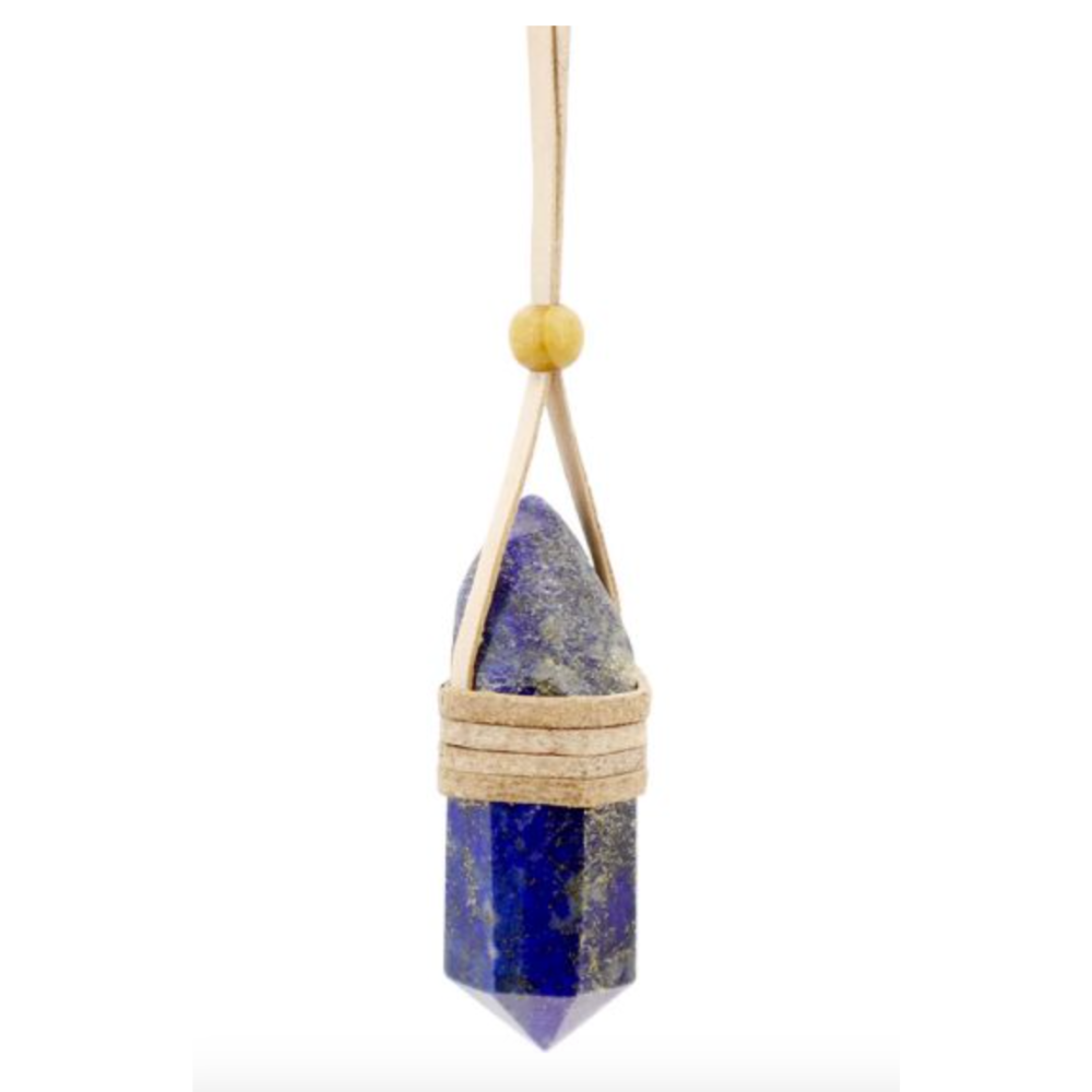 Set of three faceted lapis lazuli point pendants wrapped in rustic leather, each on a black cord, symbolizing wisdom and inner truth.