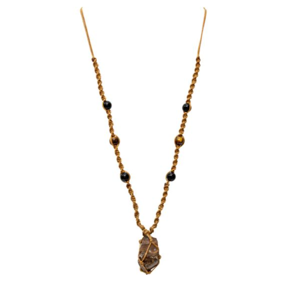 Tiger Eye Point Hippie Necklace with earthy beads, featuring a raw tiger eye crystal point, symbolizing courage and confidence.