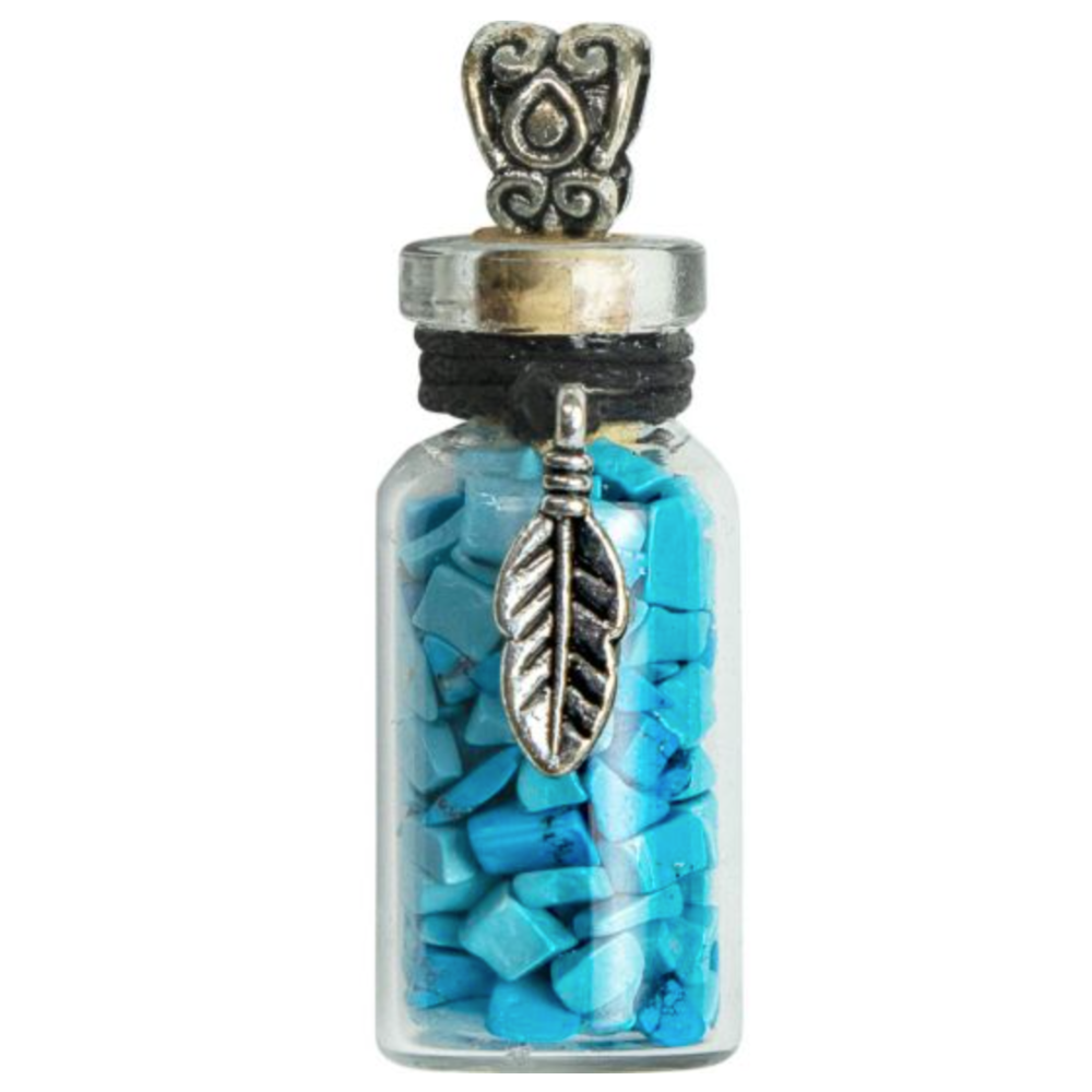 Miniature glass bottle pendant filled with turquoise chips, adorned with a feather charm, symbolizing communication and spiritual connection.
