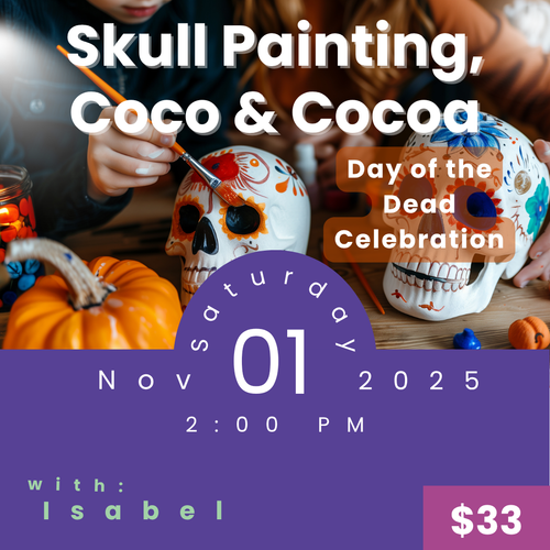 Painted skulls, mugs of hot cocoa, and community members enjoying a Día de los Muertos celebration at My Little Magic Shop