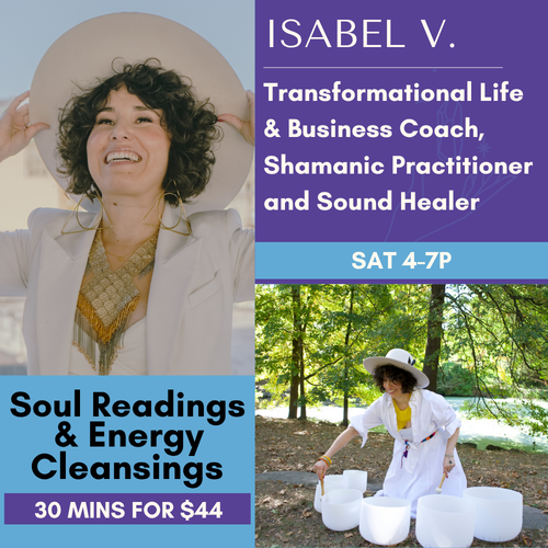 Isabel Varela offering a crystal soul reading with a pendulum at a sacred altar setup with flowers and stones at My Little Magic Shop.
