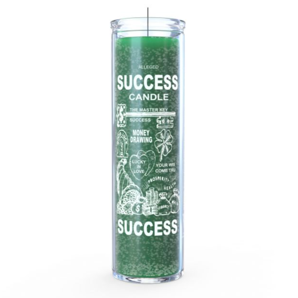 Green Success 7 Day Ritual Candle in glass with prosperity and money symbols – ideal for abundance magic