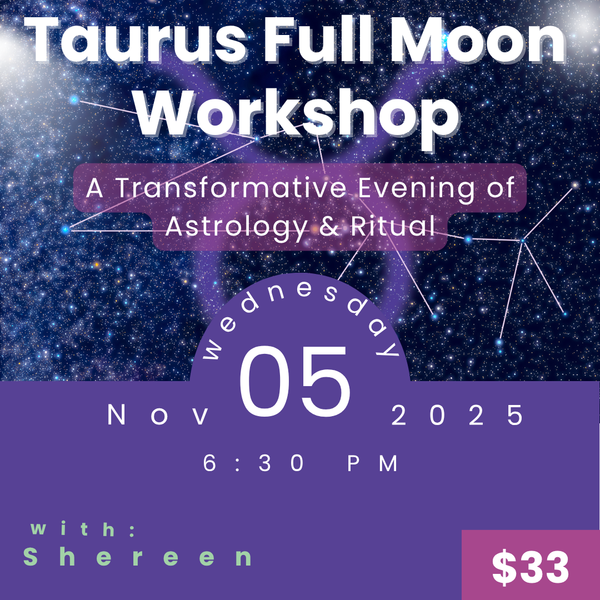 Astrologer Shereen Campbell guiding participants through a Taurus Full Moon astrology and ritual workshop at My Little Magic Shop in NYC.