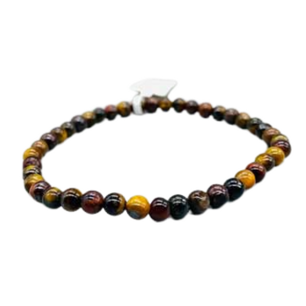 Tri-Color Tiger Eye 4mm bead bracelet featuring golden, red, and blue tiger eye stones, designed to support confidence, protection, and insight.