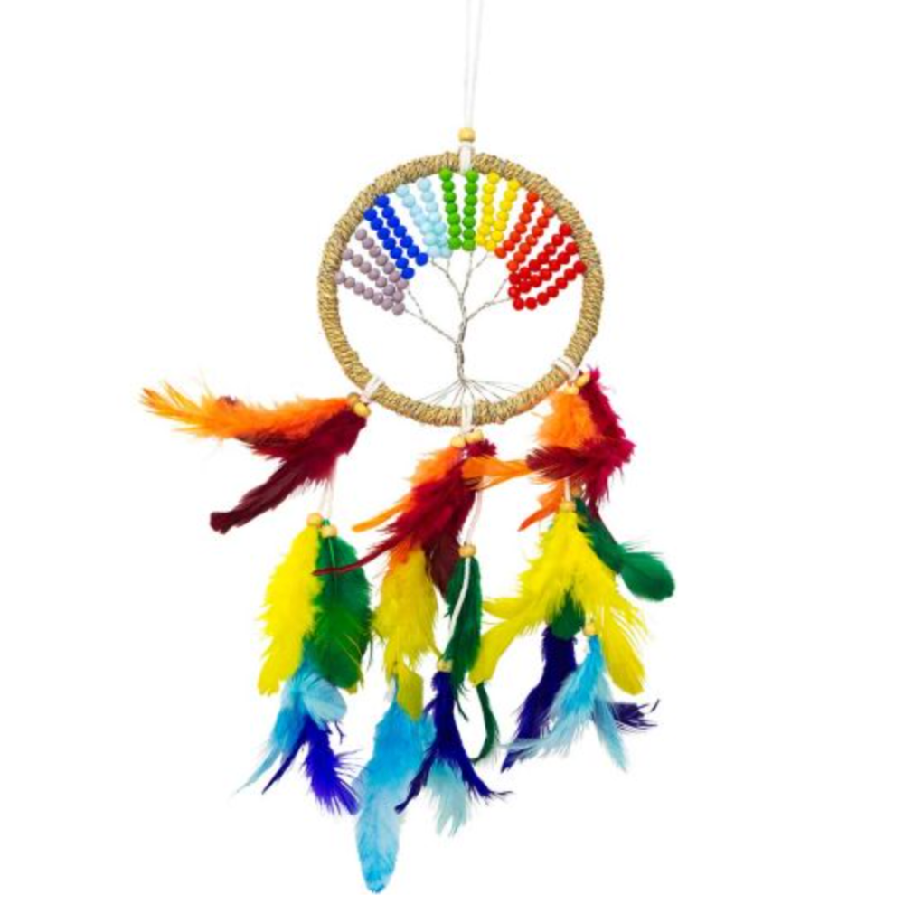 Handmade twine-wrapped dreamcatcher featuring a chakra bead Tree of Life and colorful feathers for energy alignment and decor.