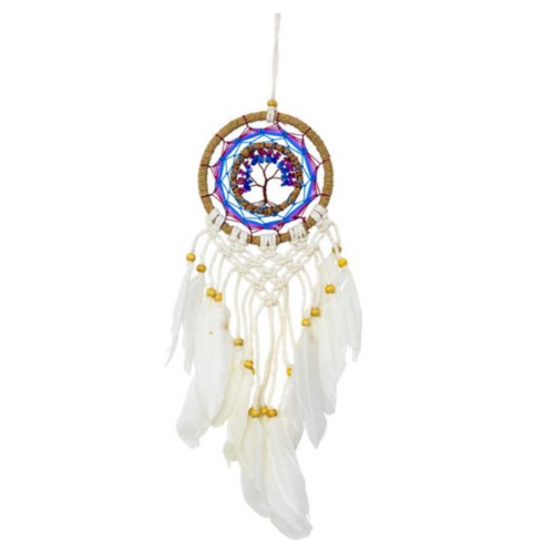 Handcrafted Dreamcatcher featuring a twine-wrapped hoop with purple and blue beaded tree design, complemented by macrame and feather accents.