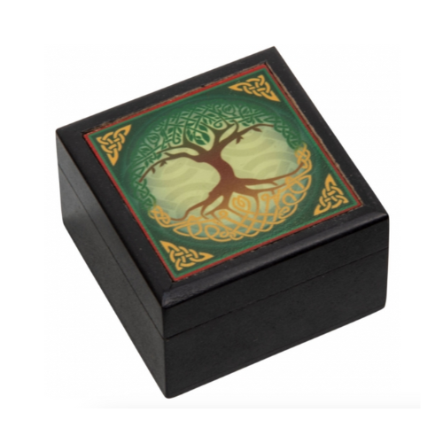 Tree of Life Velvet Lined Printed Clear Top Jewelry Box featuring a wooden construction with a clear lid adorned with the Tree of Life symbol, and a soft velvet-lined interior.