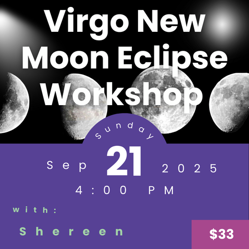 Promotional flyer for Virgo New Moon Eclipse Workshop with moon phases on a black background.