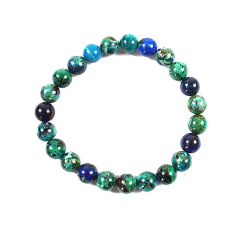8mm Azurite Malachite Bead Bracelet featuring vibrant blue and green hues, designed to enhance intuition, promote emotional healing, and support overall well-being.