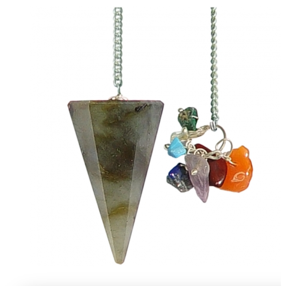 Hexagonal labradorite pendulum with shimmering iridescence, strung with seven chakra beads and a slip‑free chakra charm on a silver-tone chain.