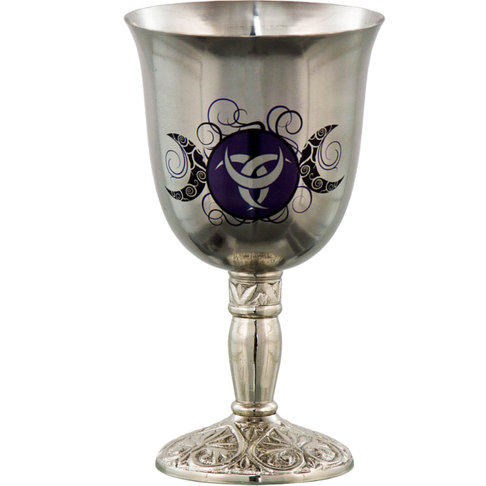 Stainless steel chalice embossed with Triple Moon symbols, 7″ tall ritual goblet ideal for water offerings, lunar rites, and goddess-centered magic.