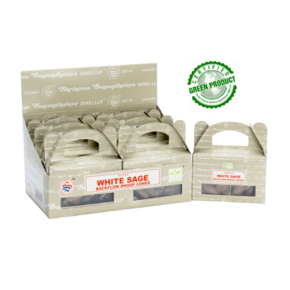 Box of 24 Satya White Sage backflow cones producing a descending smoke waterfall—used for space cleansing, ritual calm, and meditative ambiance.
