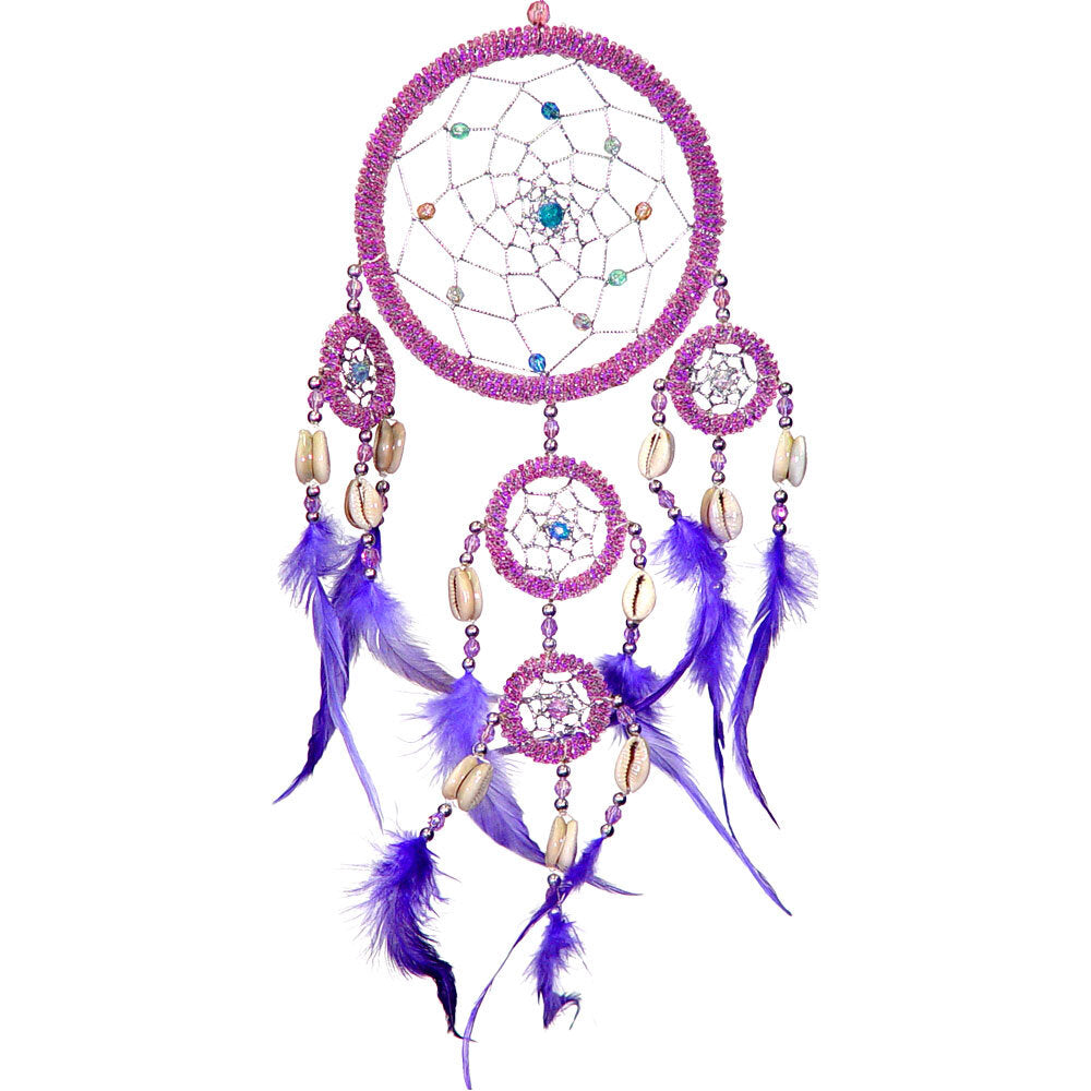 Purple and pink beaded dreamcatcher with cowrie shells and feathers, handcrafted for dream protection and peaceful sleep rituals.