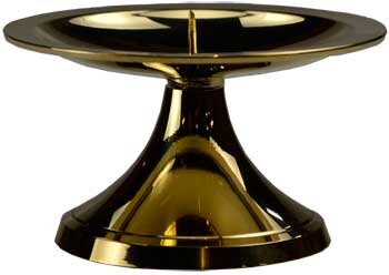 A gold-colored brass metal candle holder with a spike in the center and a wide base, designed to hold pillar candles.
