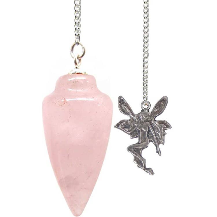 Rose Quartz Fairy Pendulum – A polished pink crystal pendulum with fairy charm, perfect for love magic, heart chakra healing, and gentle divination.