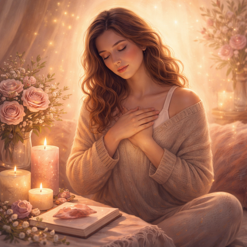 Soft illustration symbolizing self-love, inner devotion, and compassionate self-care.