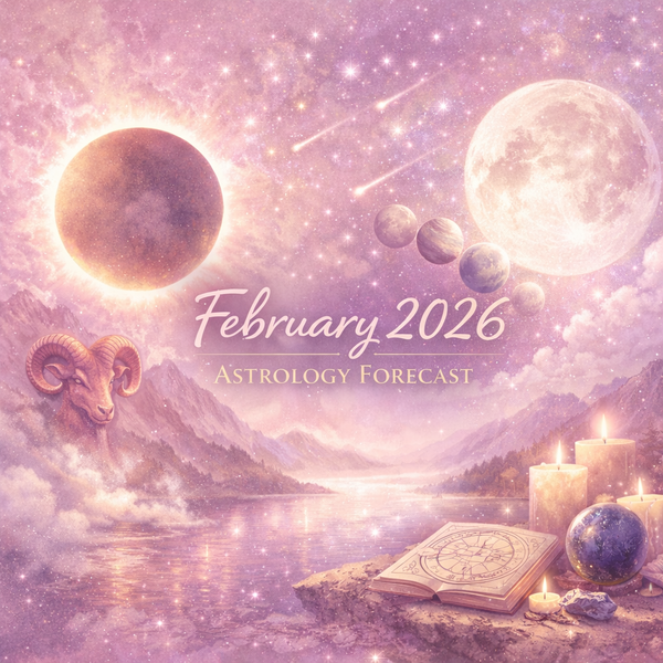 Astrology-themed illustration with eclipses, planets, candles, and an Aries ram, titled “February 2026 Astrology Forecast.”