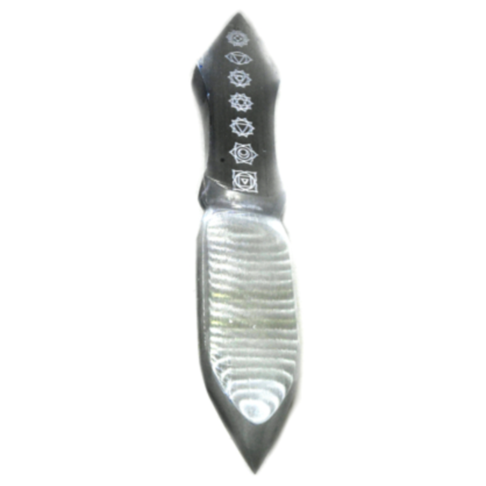 10" Selenite Chakra Athame with seven chakra stones, used for energy direction, purification, and chakra alignment rituals.