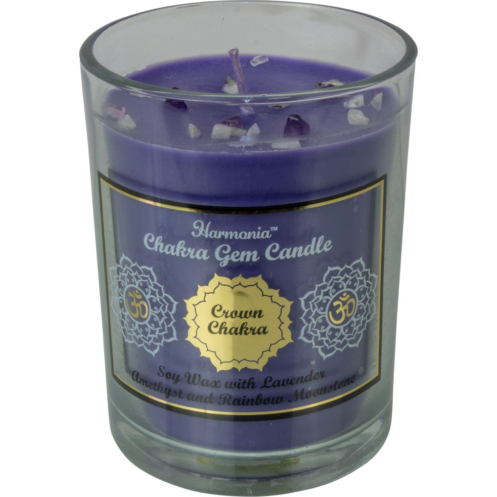 Crown Chakra Candle with Amethyst and Rainbow Moonstone Gemstone Chips