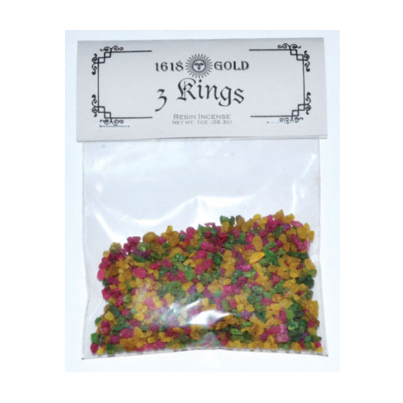 Loose granular 3 Kings Resin Incense in a 1oz bag, featuring a blend of frankincense, myrrh, and benzoin resins for spiritual cleansing and ritual use.