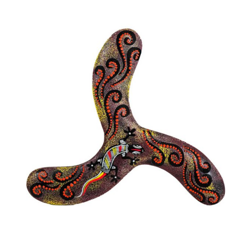 Hand-painted three-wing boomerang with gecko design