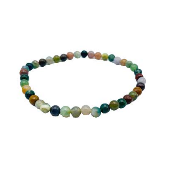 4mm Moss Agate stretch bracelet featuring small multicolored green-toned beads arranged in a circle on white background.
