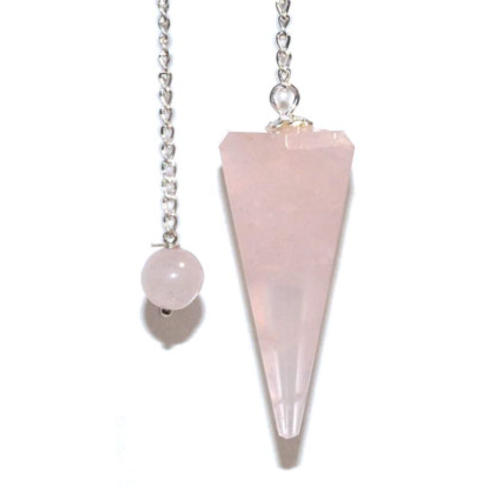 6-Sided Rose Quartz Pendulum with silver chain, used for divination, love energy, and intuitive healing.