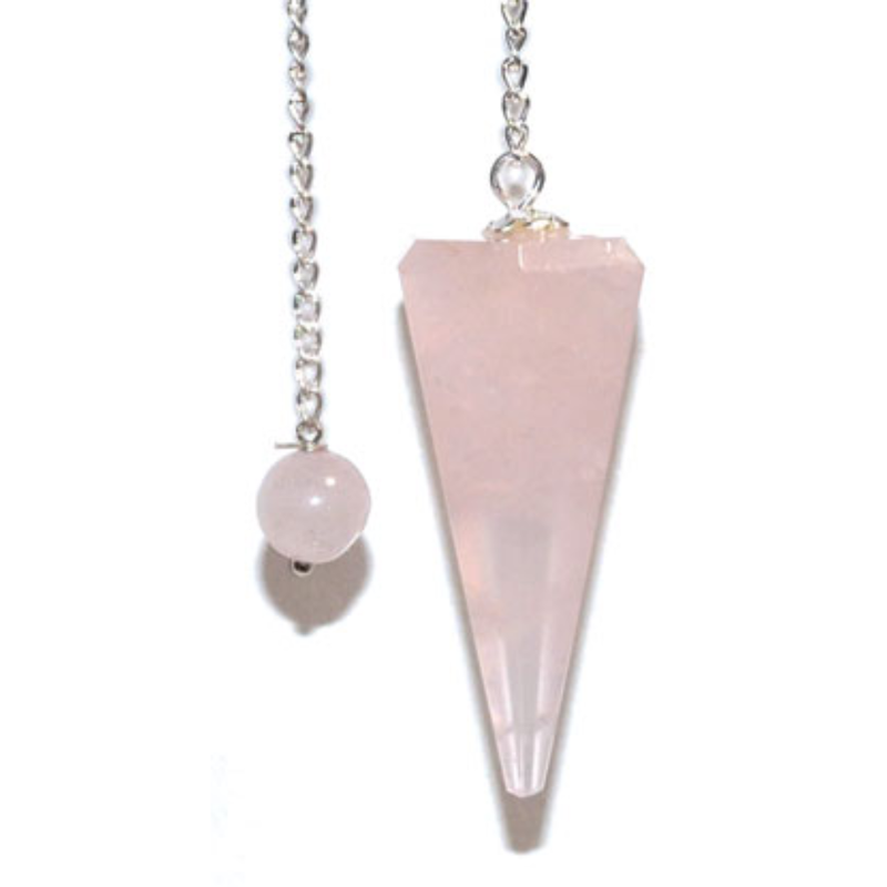 6-Sided Rose Quartz Pendulum with silver chain, used for divination, love energy, and intuitive healing.