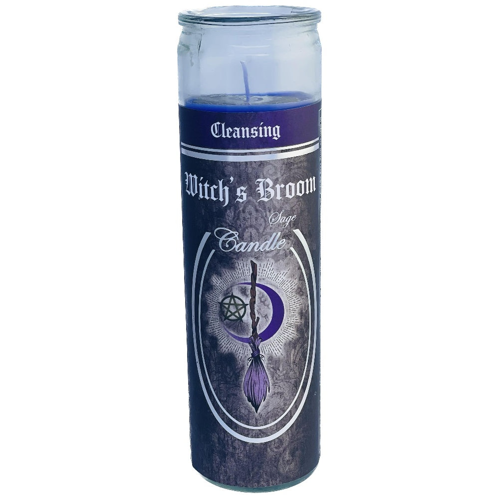 Black 7-day Witch’s Broom ritual candle in glass jar for cleansing and protection, styled on altar with obsidian, herbs, and intention paper.