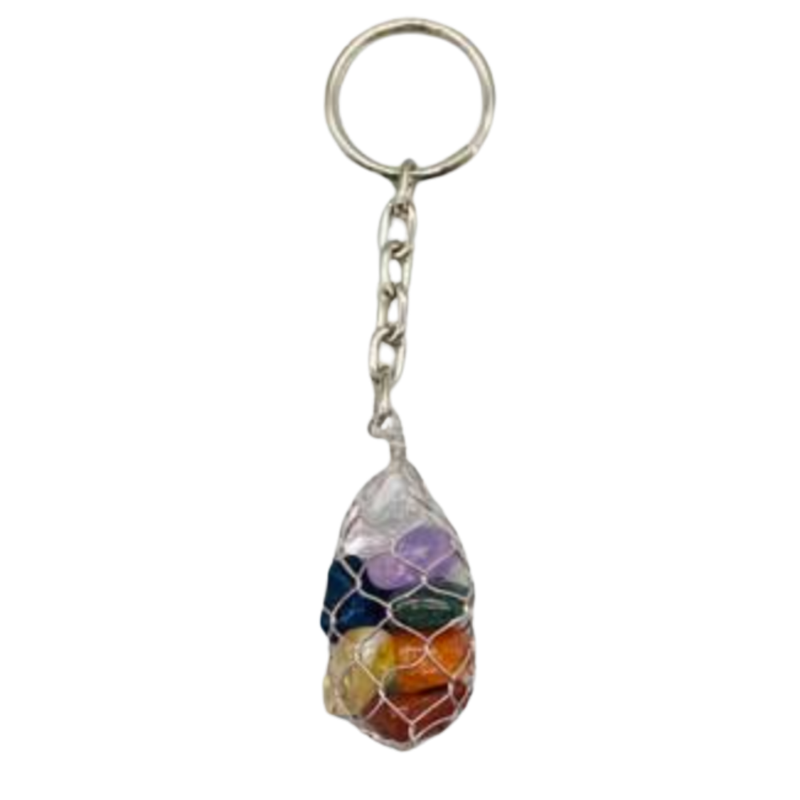 7 Chakra Bag of Stones Keychain with seven colorful gemstones symbolizing balance, healing, and spiritual alignment.
