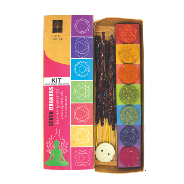 7 Chakras Smudge Kit | Complete Chakra Balancing Set with Incense & Holder