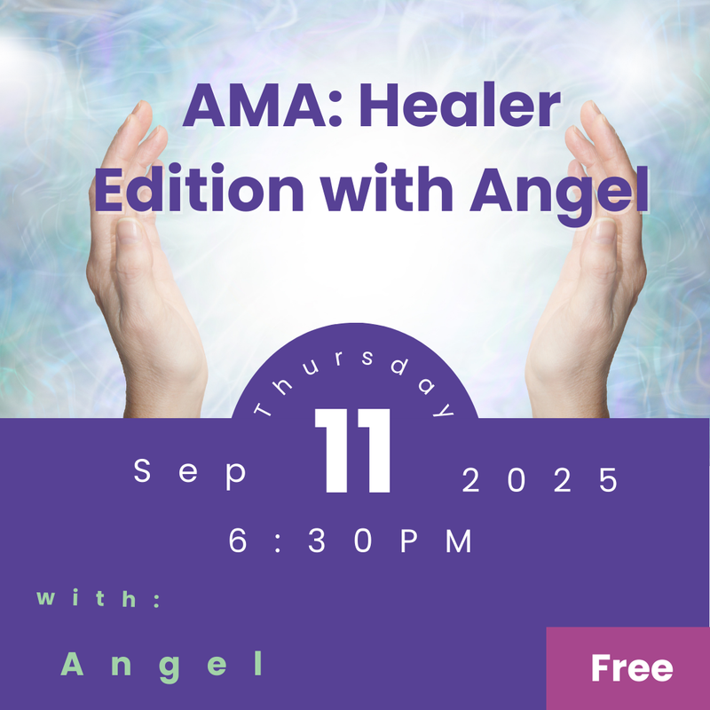 Promotional graphic for an event titled 'AMA: Healer Edition with Angel' on a gradient background.