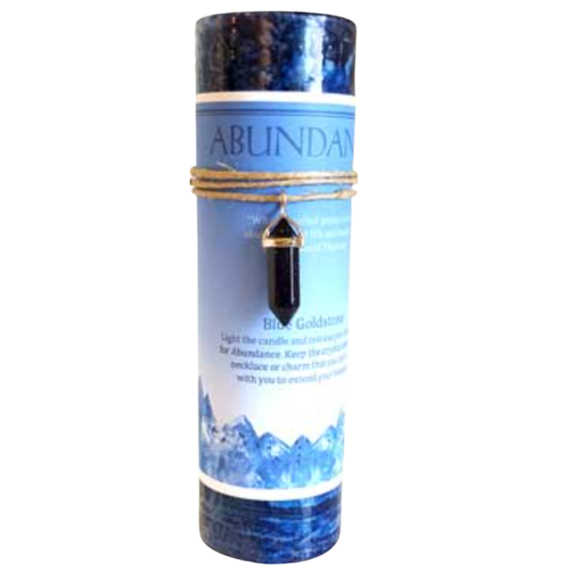 Abundance Pillar Candle with Blue Goldstone Pendant, crafted for success, prosperity, and manifestation rituals.
