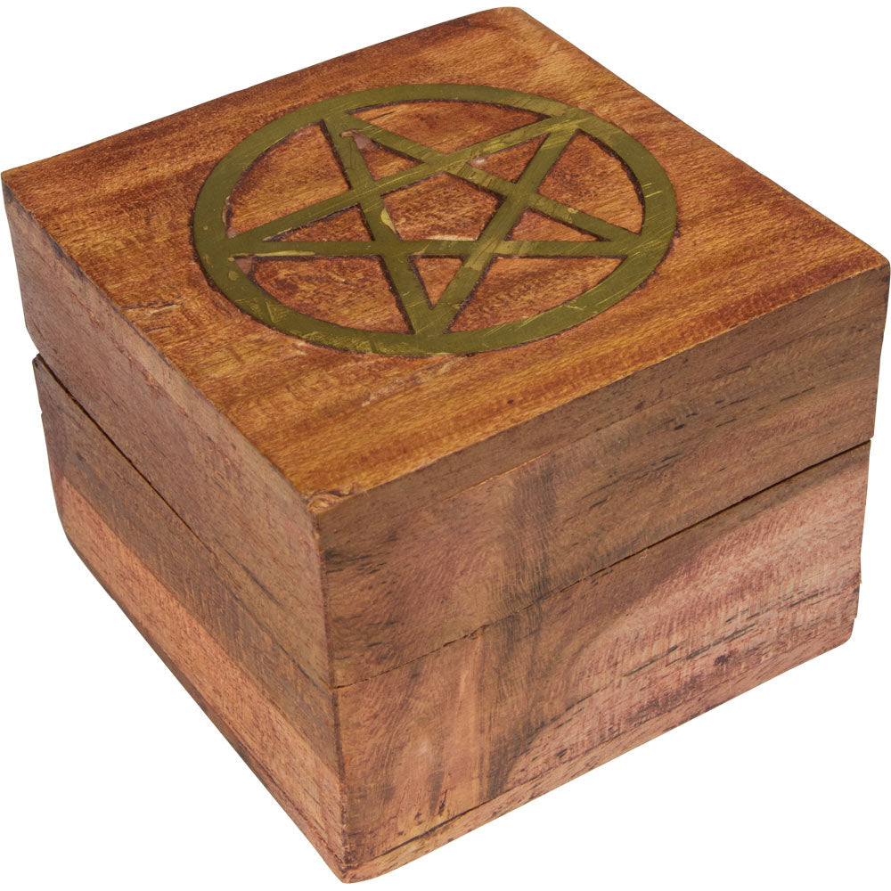 Acacia wood box with brass pentacle inlay, closed