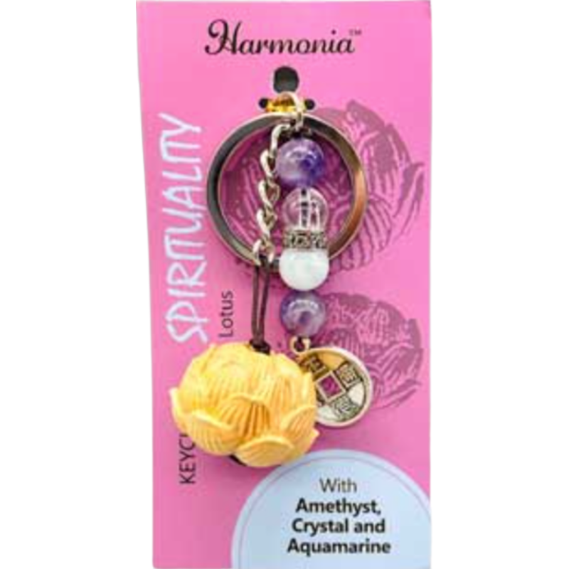 Amethyst, Crystal, and Aquamarine Lotus Keychain with lotus charm, genuine crystals for peace, clarity, and spiritual balance.