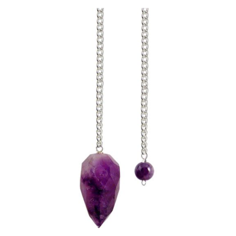 Amethyst Light Diffuser Pendulum with crystal chamber for essential oils, used for divination, clarity, and calming spiritual focus.