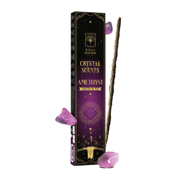 Amethyst Crystal Scents Smudge Kit with crystal, herbs, and ritual tools for peace, clarity, and energy cleansing.