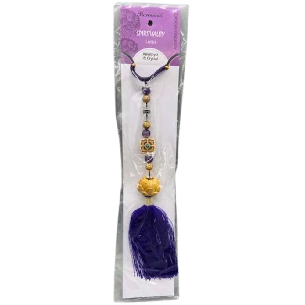 Amethyst and Quartz Lotus Necklace with genuine crystals and lotus pendant, symbolizing peace, clarity, and spiritual awakening.
