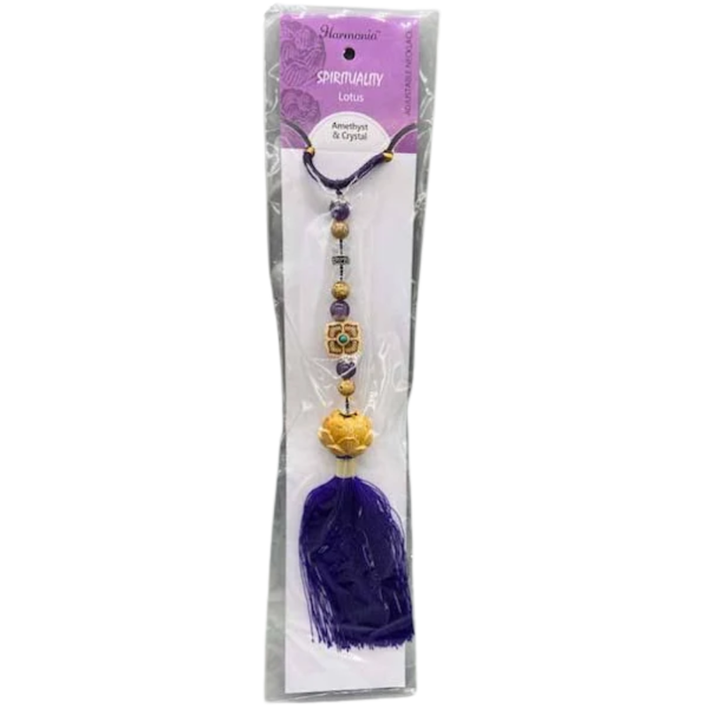 Amethyst and Quartz Lotus Necklace with genuine crystals and lotus pendant, symbolizing peace, clarity, and spiritual awakening.