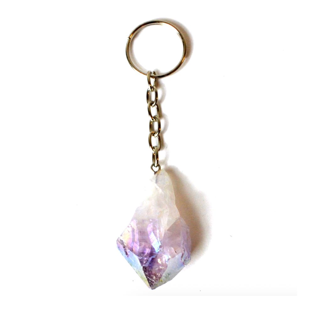 Aura-plated amethyst keychain with iridescent finish