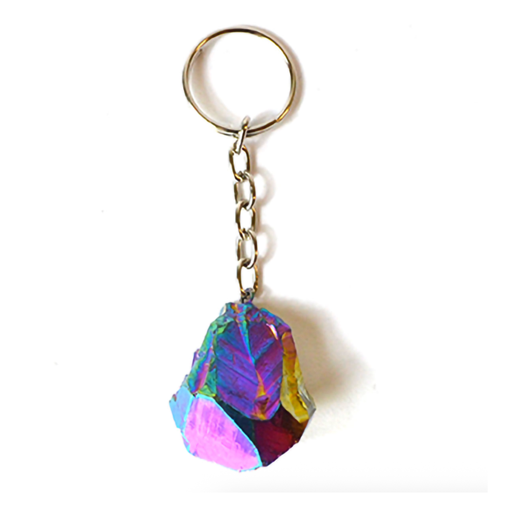 Rainbow-plated amethyst keychain with multicolor shimmer