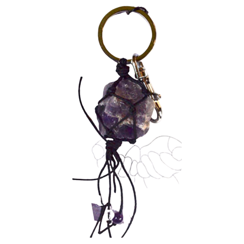 Amethyst with Tassels and Beads Keychain featuring genuine crystal, colorful tassels, and beads for peace, protection, and spiritual clarity.