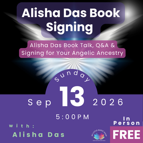 Promotional graphic for a book signing event featuring the text 'Alisha Das Book Signing' on a dark background with spotlight effects, additional event details including 'Alisha Das Book Talk, Q&A & Signing for Your Angelic Ancestry,' the date 'Sunday 13 Sep 2026,' time '5:00PM,' and 'In Person FREE.'.