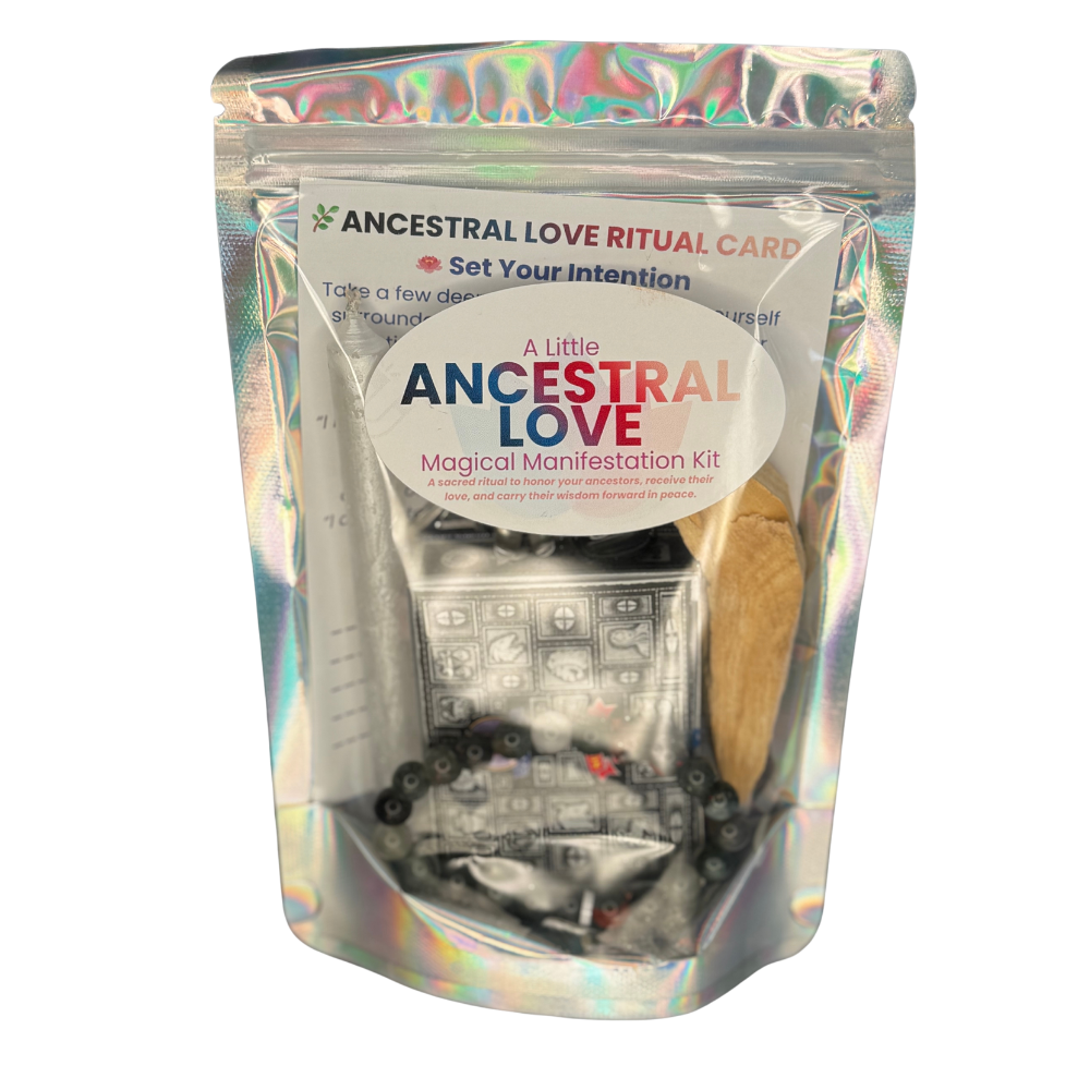 Ancestral Love Box with Palo Santo, white candle, Black Obsidian stone, and Bloodstone bracelet on a white background.